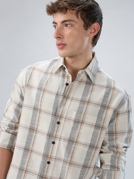 Ivory & Beige Windowpane Checks Boxy Fit Crop Shirt