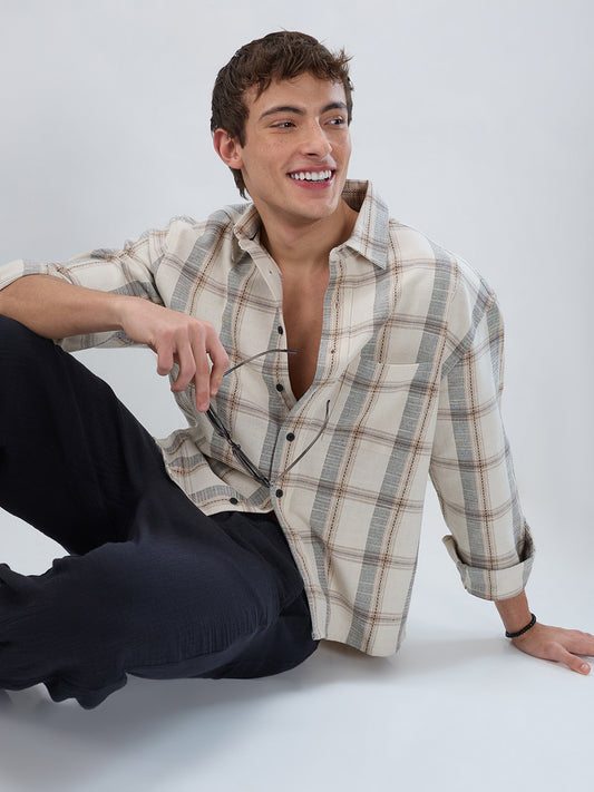 Ivory & Beige Windowpane Checks Boxy Fit Crop Shirt