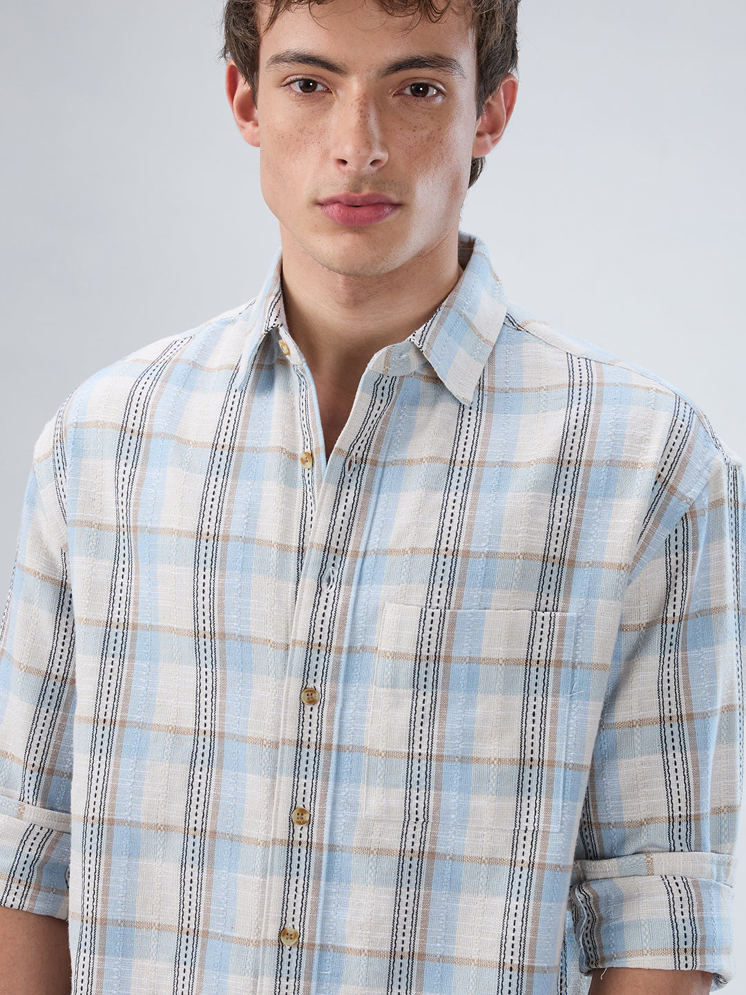 Icy Blue & White Multi-Tone Boxy Fit Crop Shirt