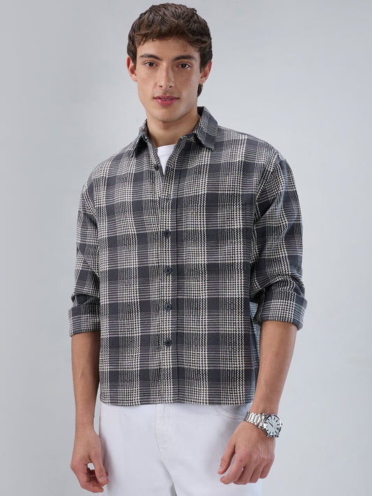Monochrome Dense Contrast Checks Boxy Fit Crop Shirt