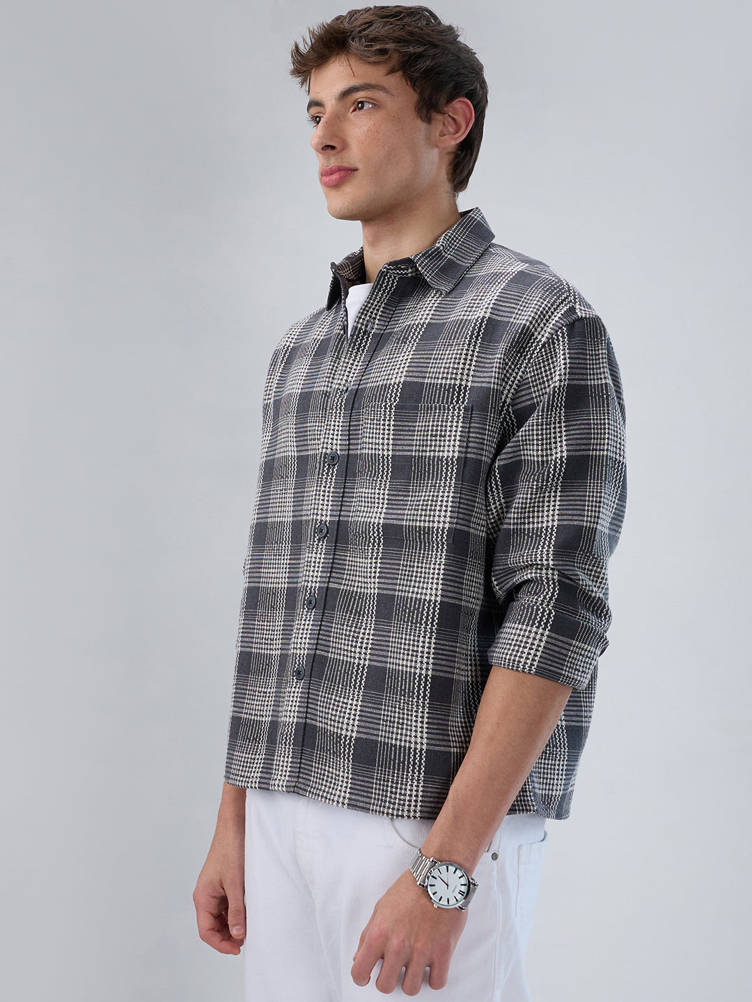 Monochrome Dense Contrast Checks Boxy Fit Crop Shirt