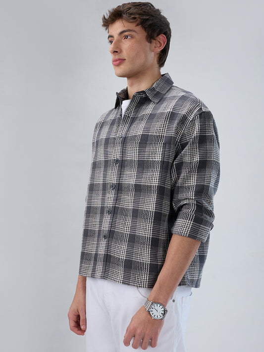 Monochrome Dense Contrast Checks Boxy Fit Crop Shirt