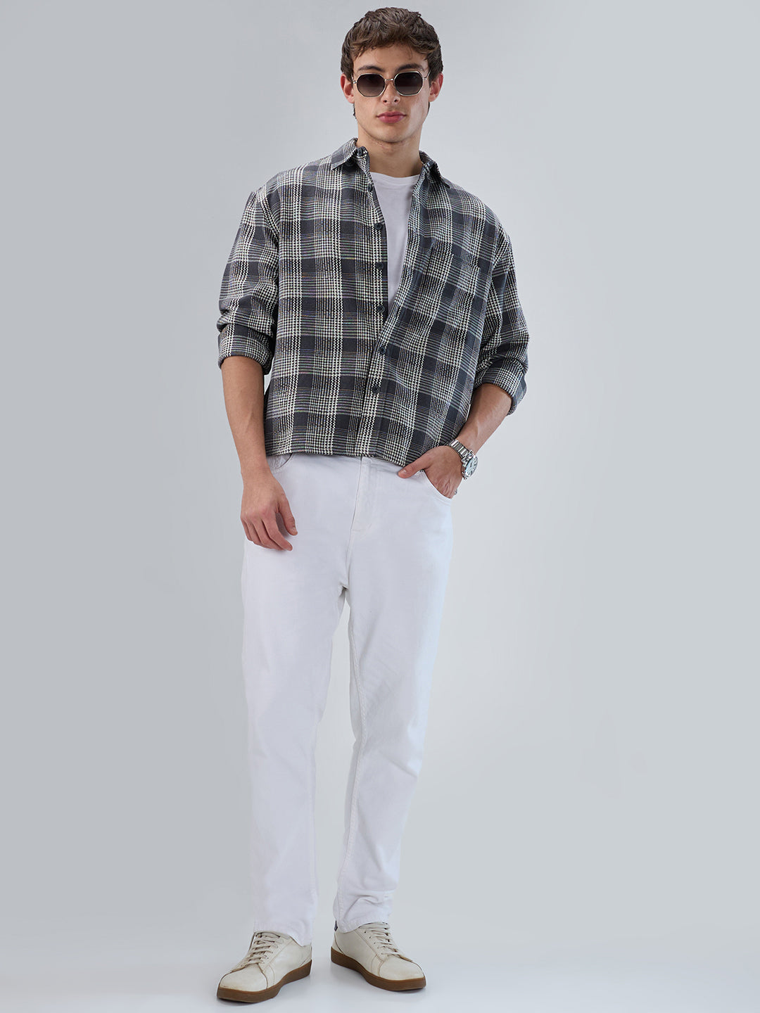 Monochrome Dense Contrast Checks Boxy Fit Crop Shirt
