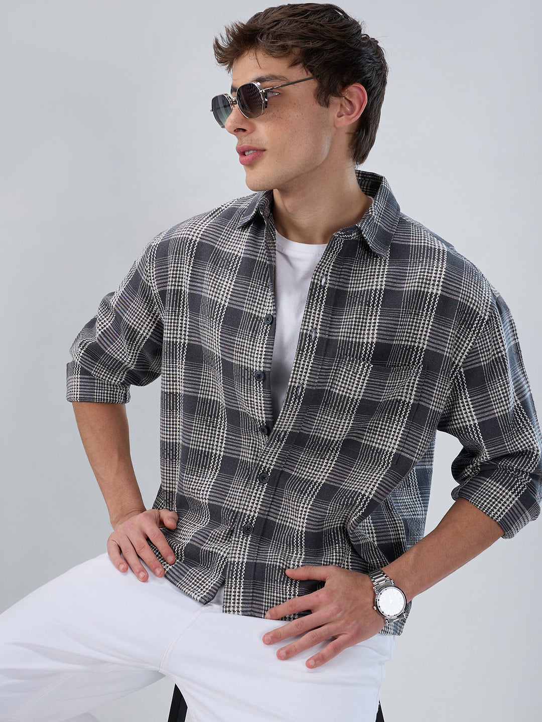 Monochrome Dense Contrast Checks Boxy Fit Crop Shirt