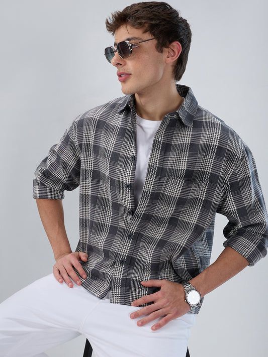 Monochrome Dense Contrast Checks Boxy Fit Crop Shirt