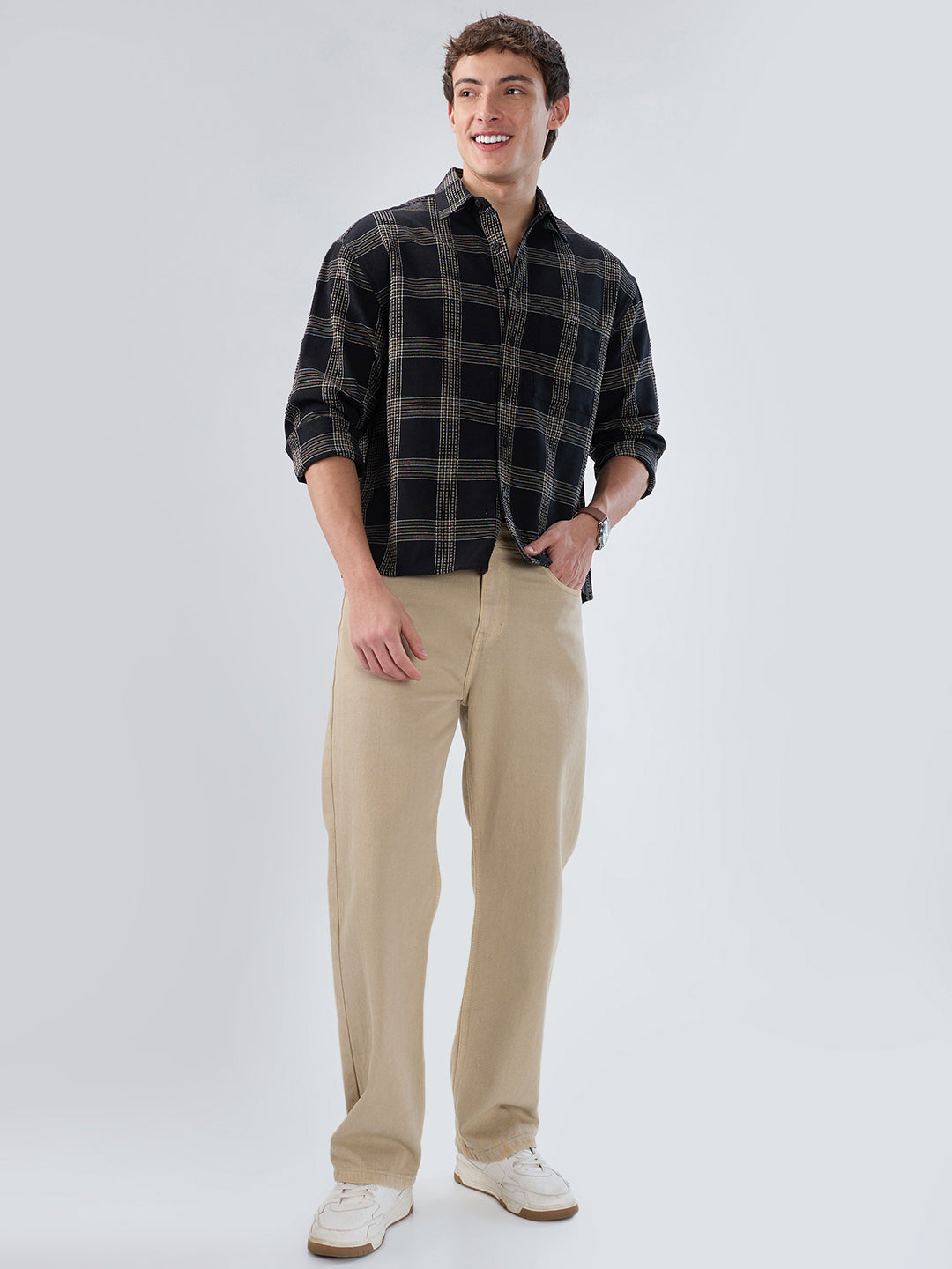 Black & Brown Contrast Panel Checks Boxy Fit Crop Shirt