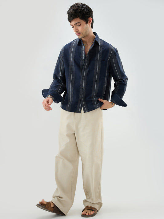 Navy Contrast Panel Fine Weave Boxy Fit Crop Shirt
