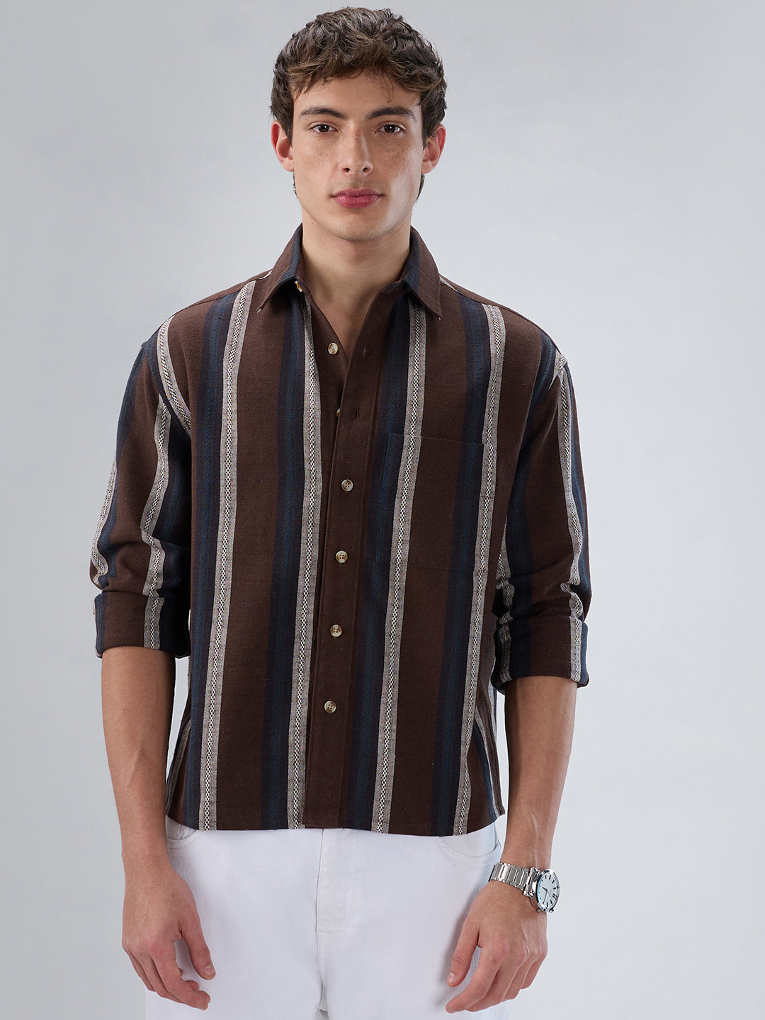 Refined Brown Multi-Tone Striped Boxy Fit Crop Shirt