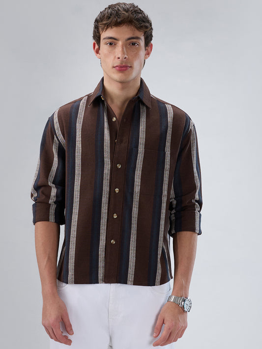 Refined Brown Multi-Tone Striped Boxy Fit Crop Shirt