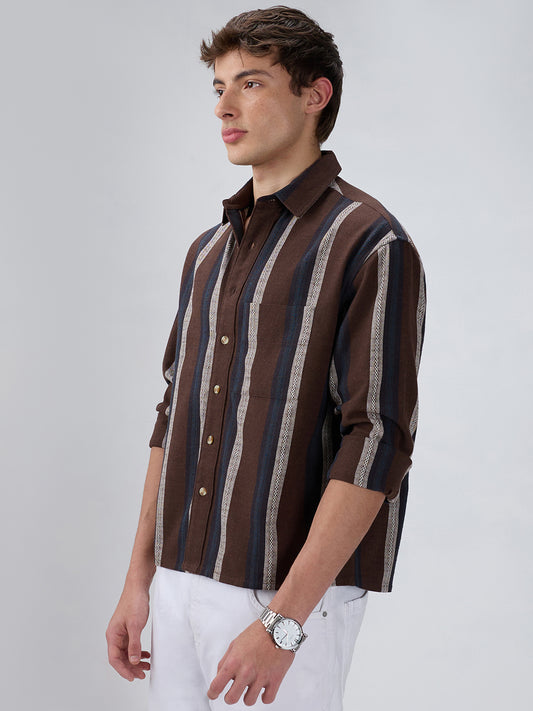 Refined Brown Multi-Tone Striped Boxy Fit Crop Shirt