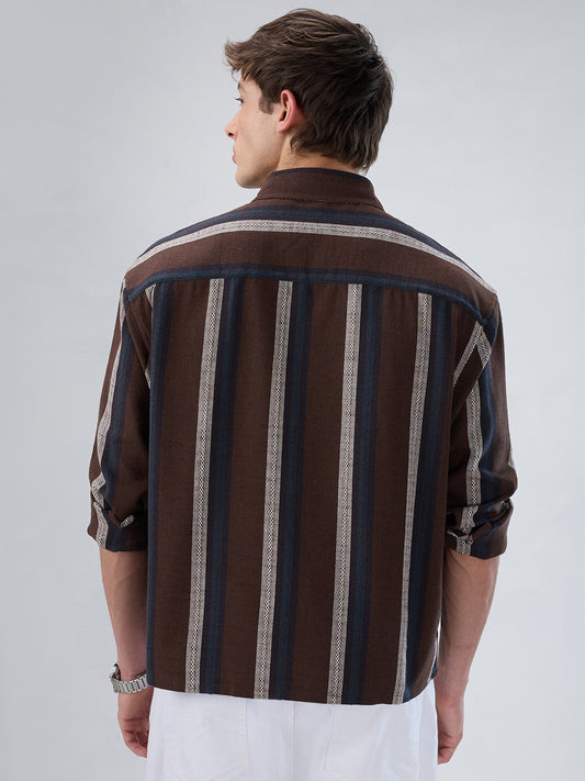 Refined Brown Multi-Tone Striped Boxy Fit Crop Shirt