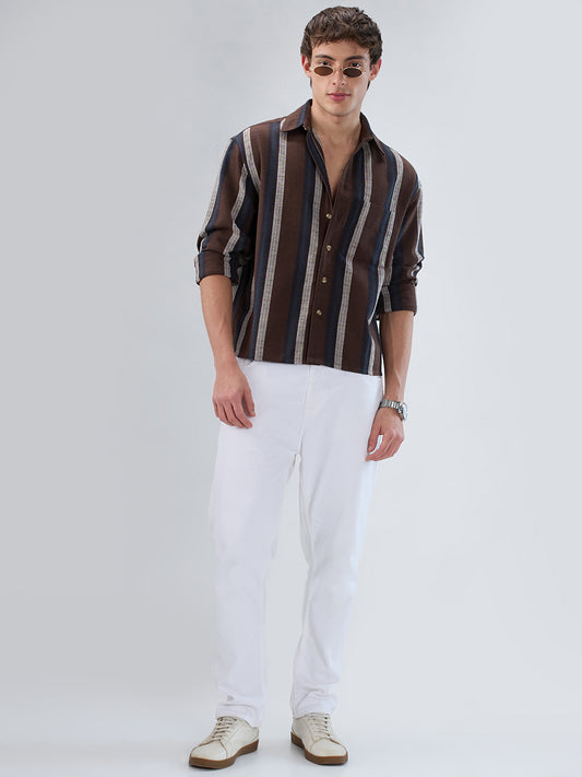 Refined Brown Multi-Tone Striped Boxy Fit Crop Shirt