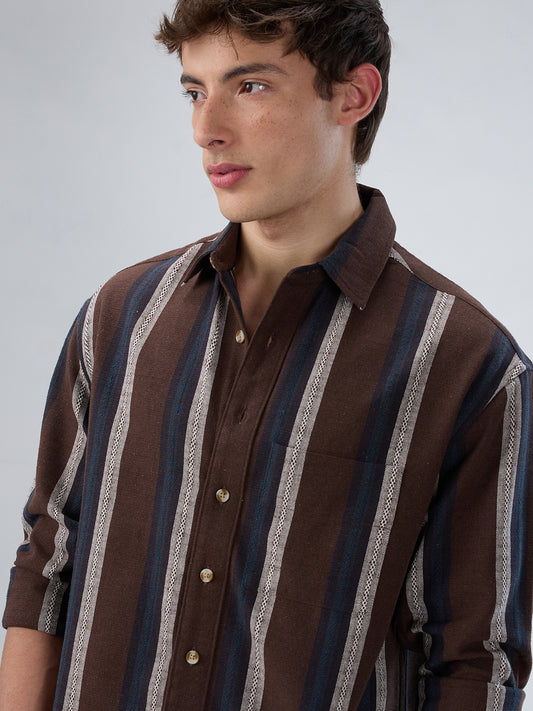 Refined Brown Multi-Tone Striped Boxy Fit Crop Shirt