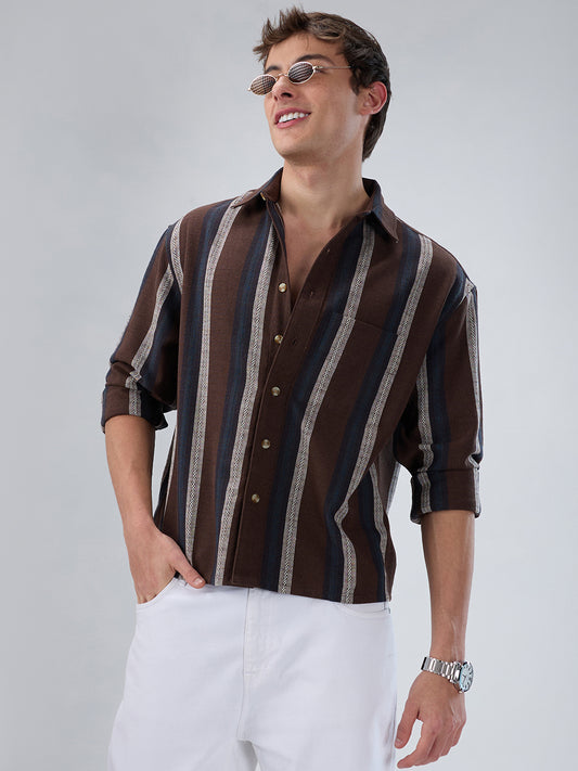 Refined Brown Multi-Tone Striped Boxy Fit Crop Shirt