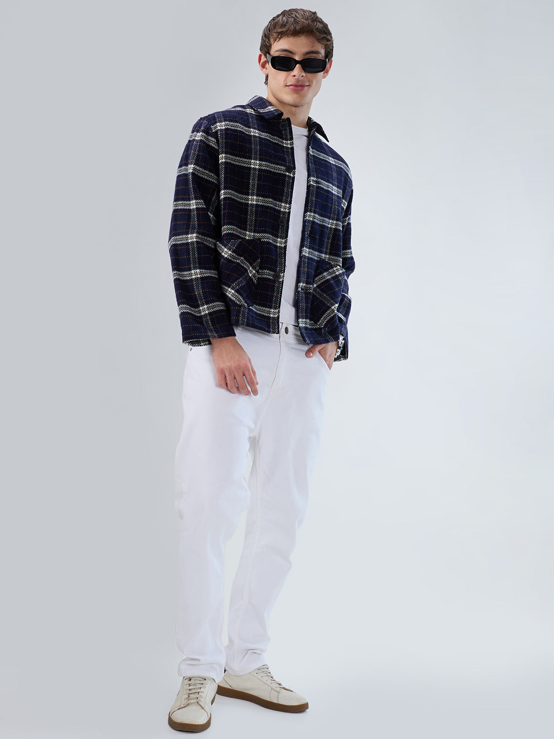 Navy Tartan Checks Double Pocket Flannel Shacket