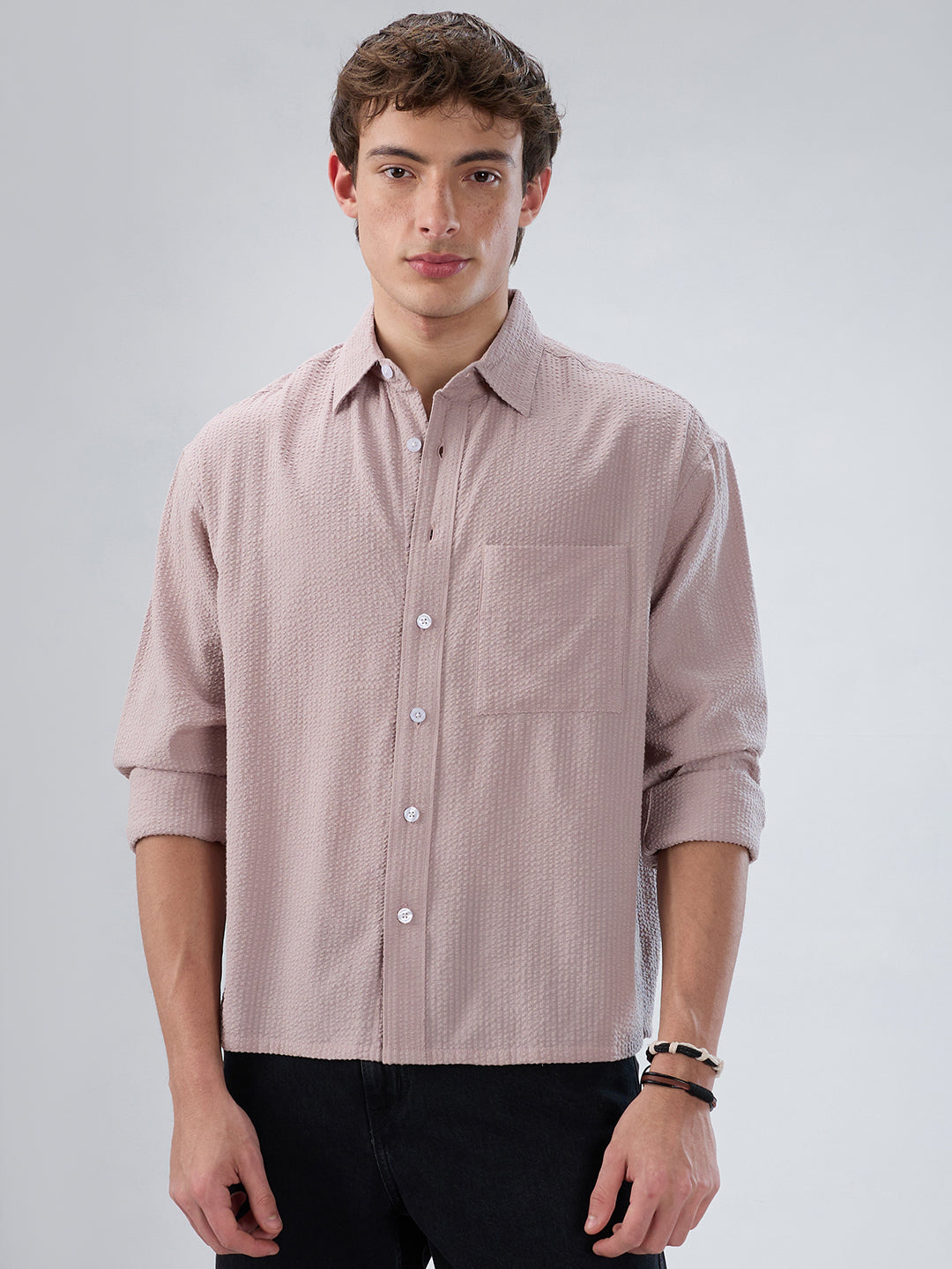 Dusty Rose Seersucker Boxy Fit Crop Shirt