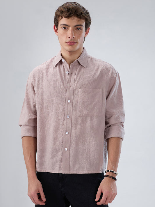 Dusty Rose Seersucker Boxy Fit Crop Shirt