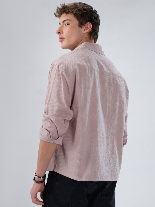 Dusty Rose Seersucker Boxy Fit Crop Shirt