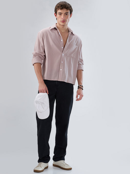 Dusty Rose Seersucker Boxy Fit Crop Shirt