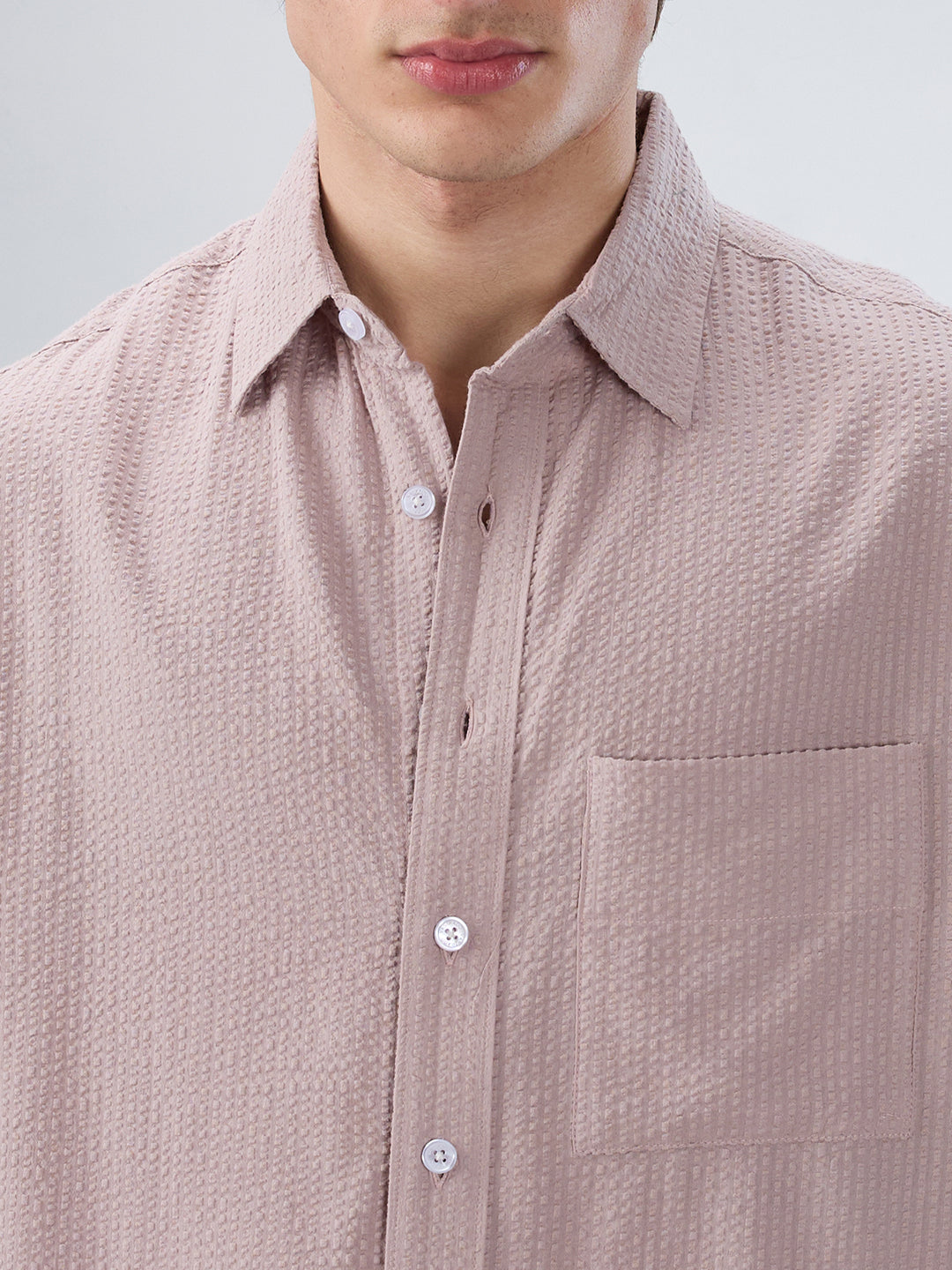 Dusty Rose Seersucker Boxy Fit Crop Shirt