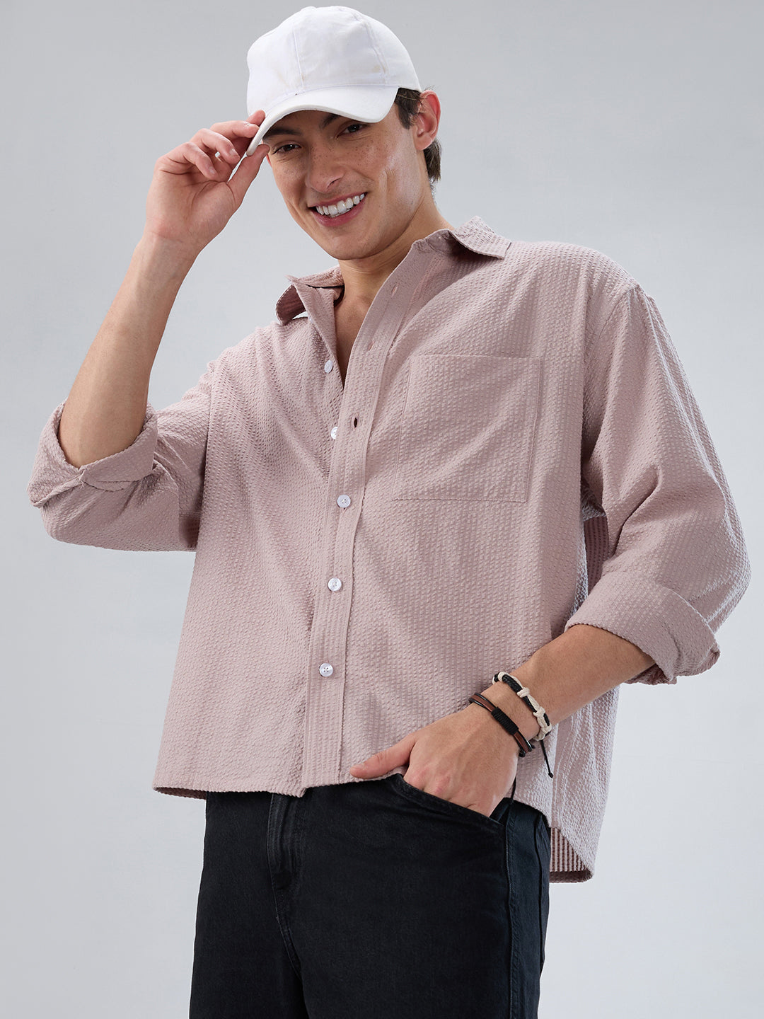 Dusty Rose Seersucker Boxy Fit Crop Shirt