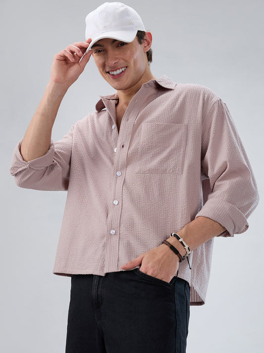 Dusty Rose Seersucker Boxy Fit Crop Shirt