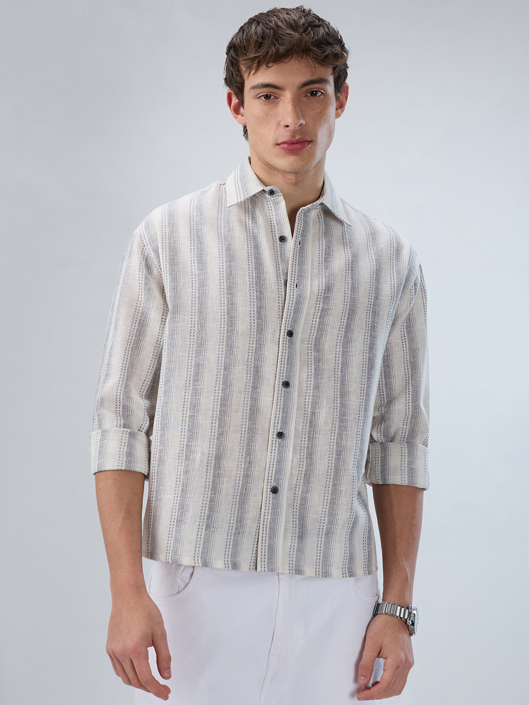 White & Grey Striped Precision-Weave Shirt