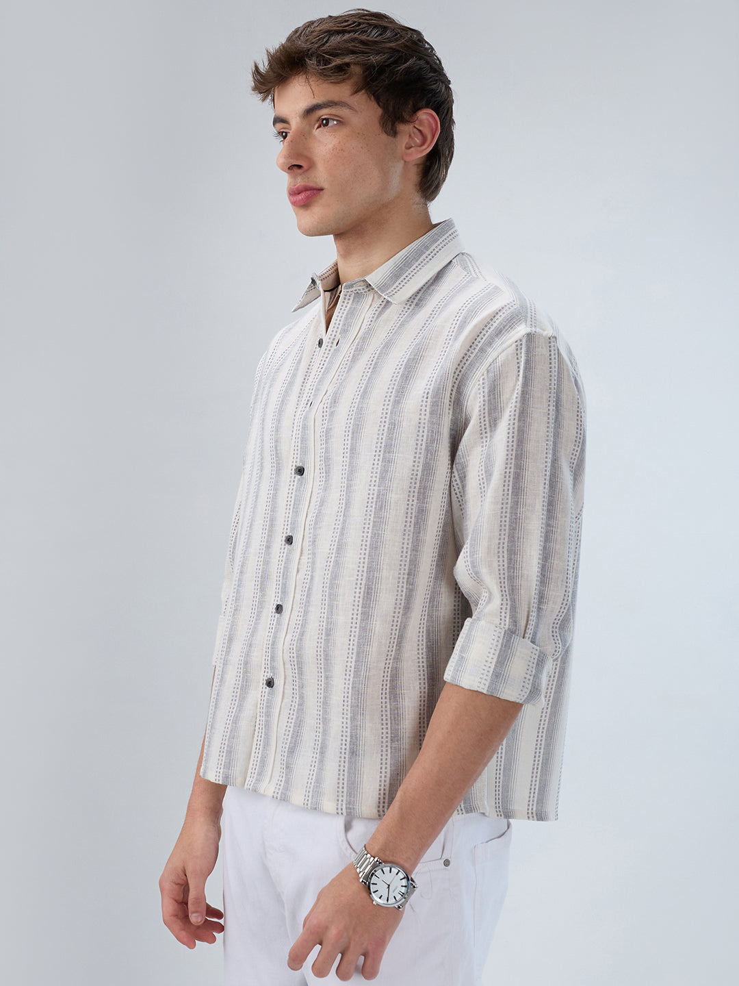 White & Grey Striped Precision-Weave Shirt