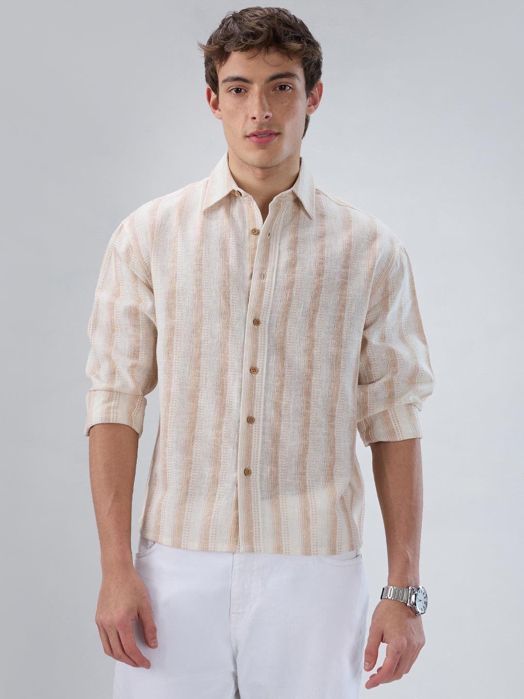 Ivory & Beige Burlap Striped Shirt