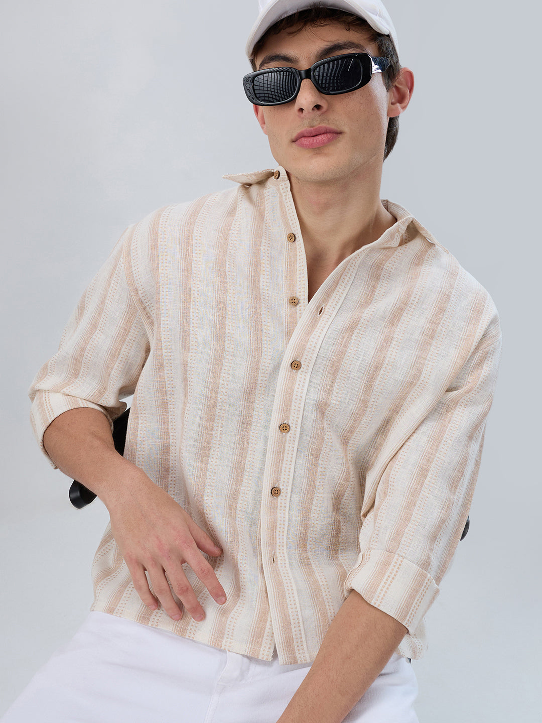 Ivory & Beige Burlap Striped Shirt
