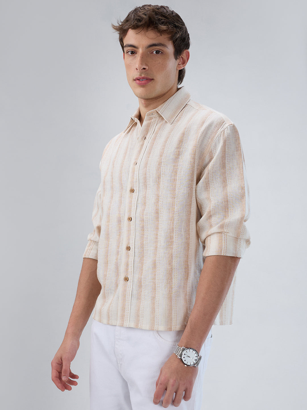 Ivory & Beige Burlap Striped Shirt