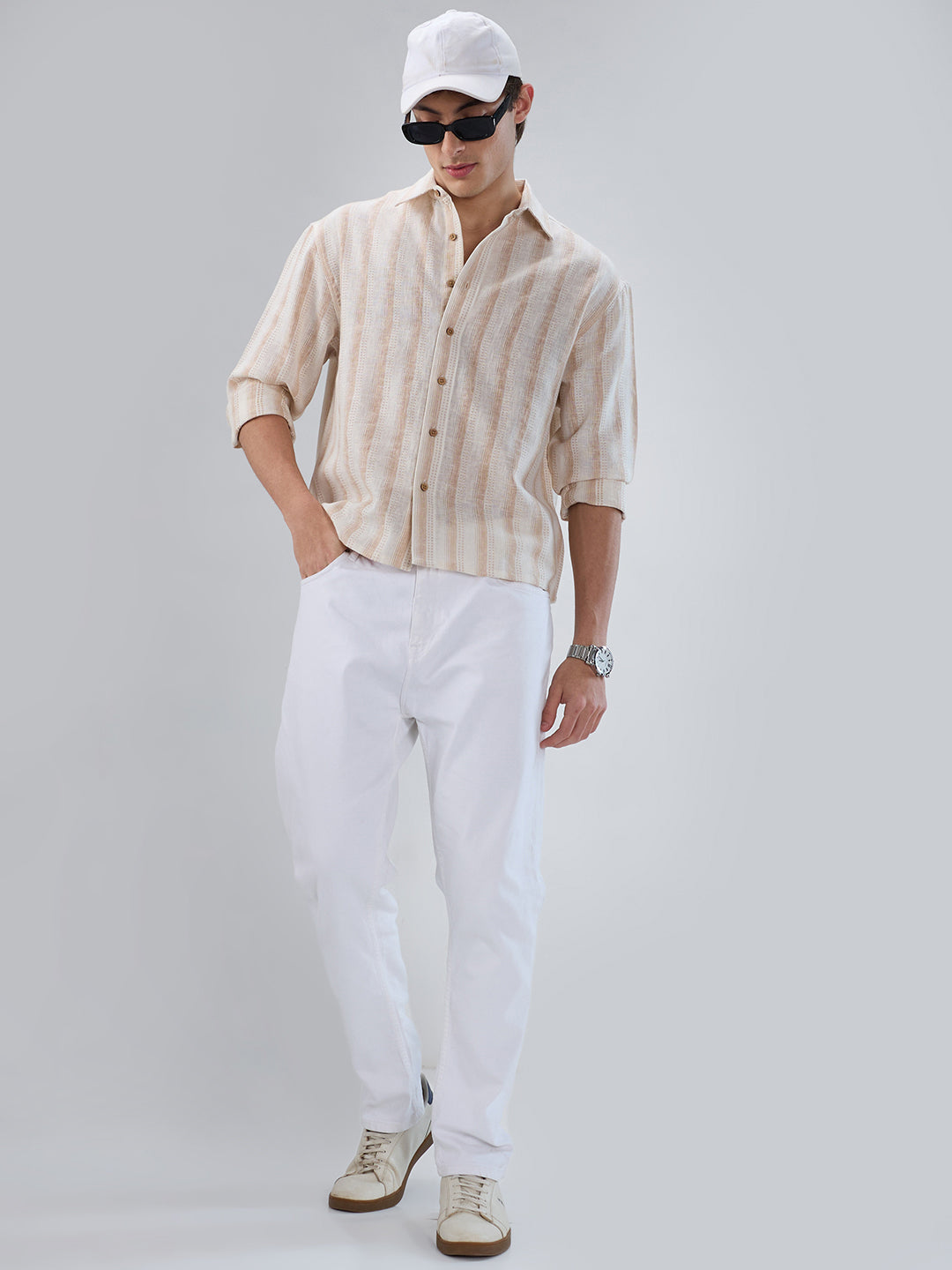 Ivory & Beige Burlap Striped Shirt