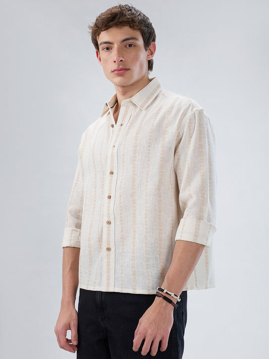 Ivory & Beige Burlap Striped Embroidery Boxy Fit Crop Shirt