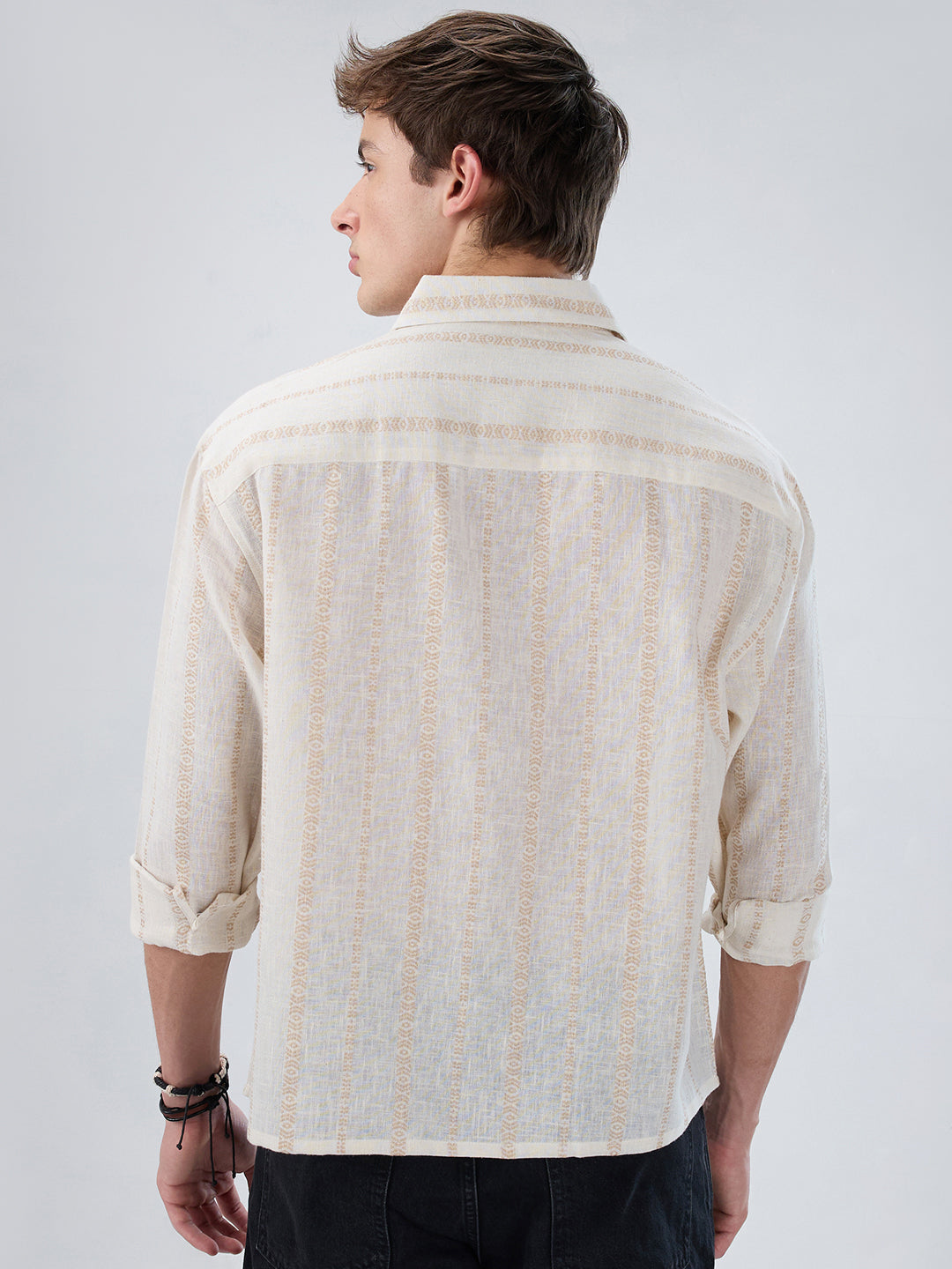 Ivory & Beige Burlap Striped Embroidery Boxy Fit Crop Shirt