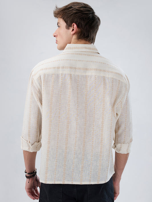 Ivory & Beige Burlap Striped Embroidery Boxy Fit Crop Shirt