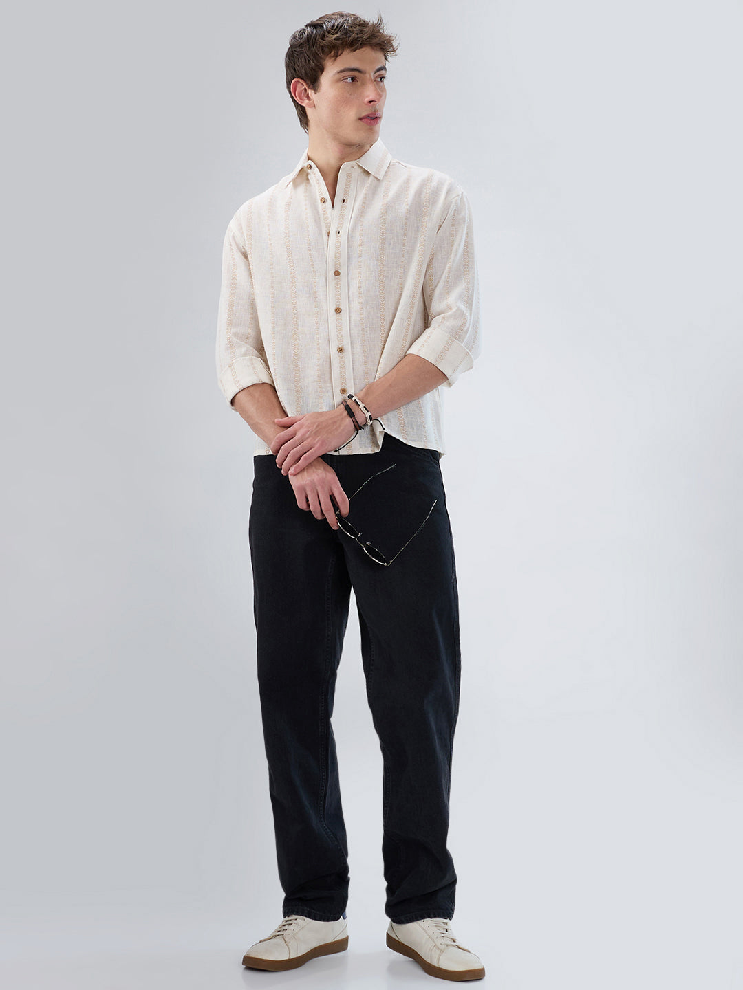 Ivory & Beige Burlap Striped Embroidery Boxy Fit Crop Shirt