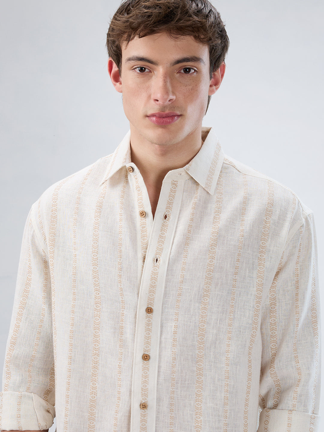 Ivory & Beige Burlap Striped Embroidery Boxy Fit Crop Shirt