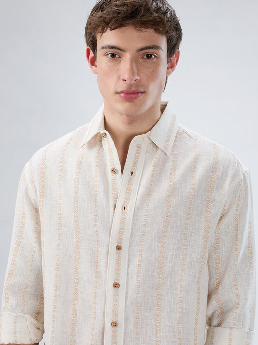 Ivory & Beige Burlap Striped Embroidery Boxy Fit Crop Shirt