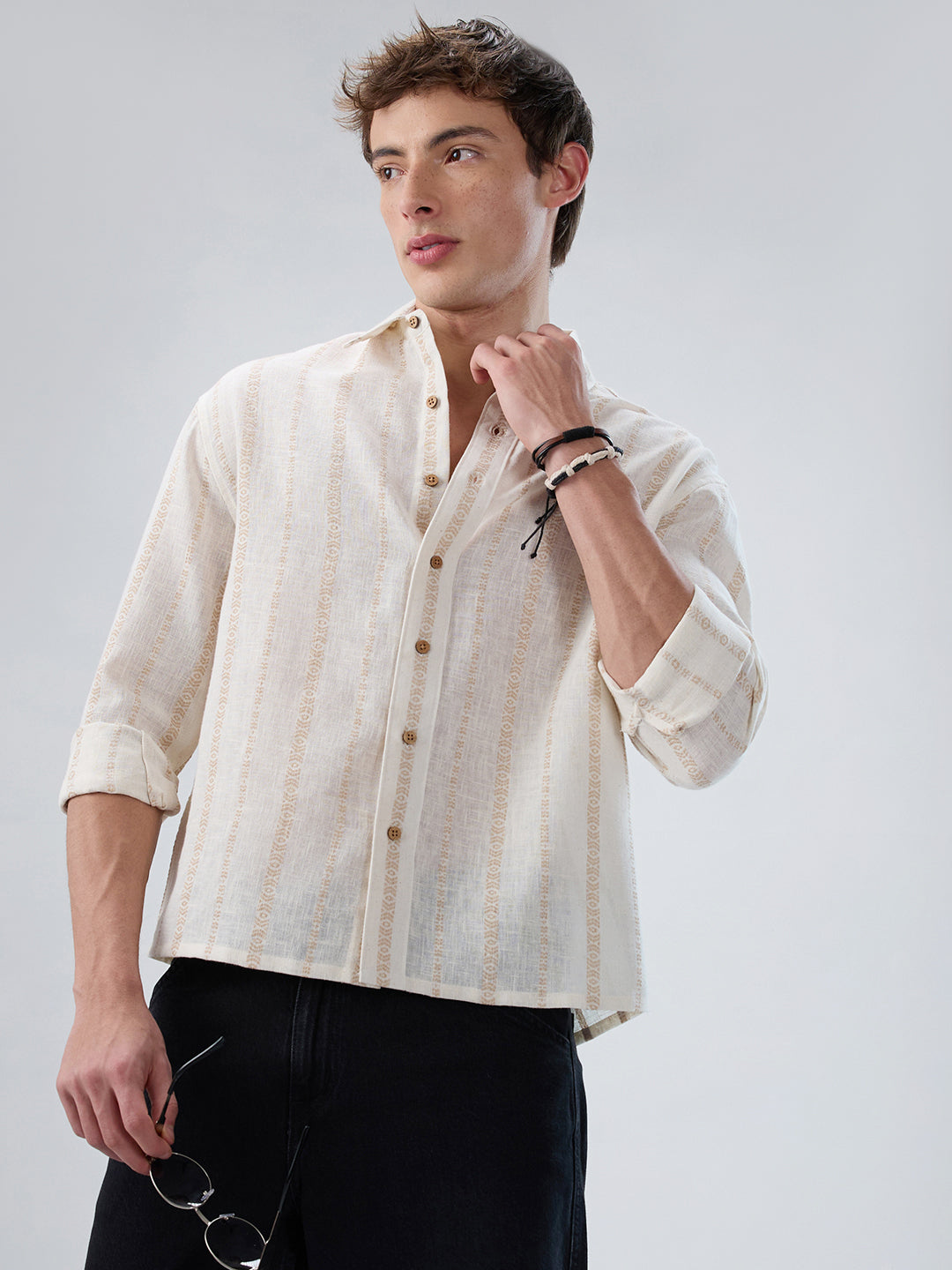 Ivory & Beige Burlap Striped Embroidery Boxy Fit Crop Shirt