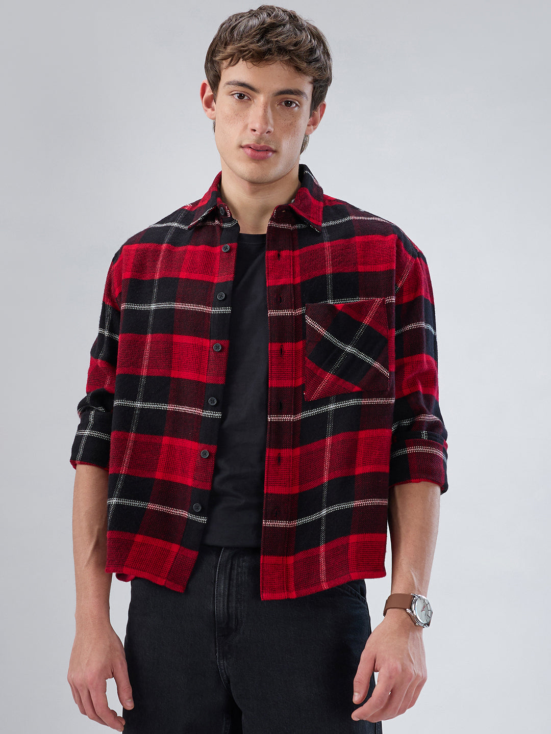 Premium Red & Black Flannel Checks Boxy Fit Crop Shirt