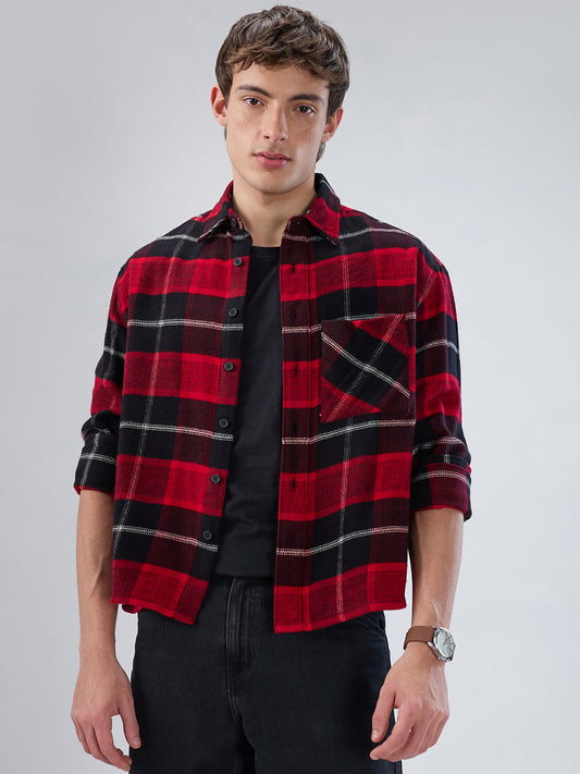 Premium Red & Black Flannel Checks Boxy Fit Crop Shirt