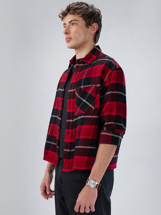 Premium Red & Black Flannel Checks Boxy Fit Crop Shirt