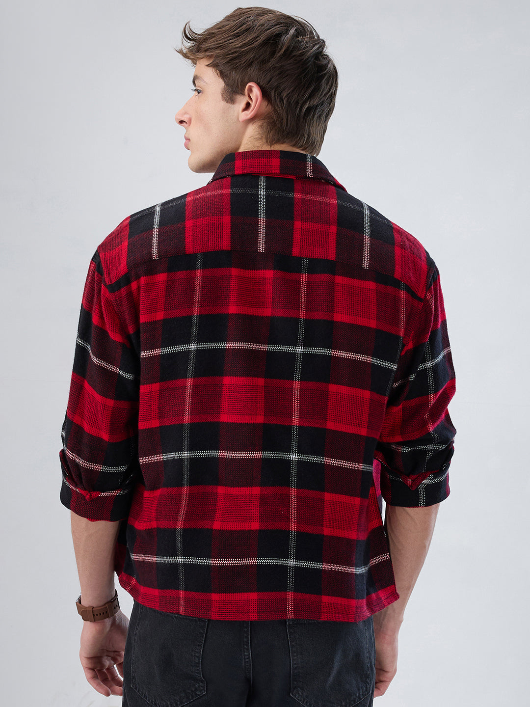 Premium Red & Black Flannel Checks Boxy Fit Crop Shirt