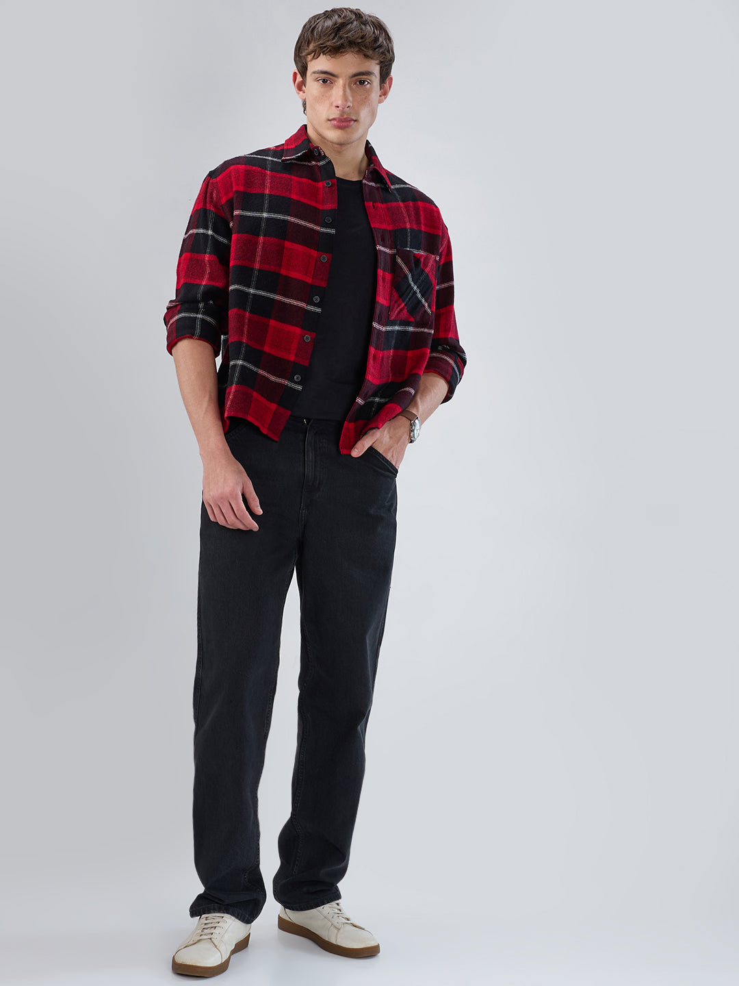 Premium Red & Black Flannel Checks Boxy Fit Crop Shirt