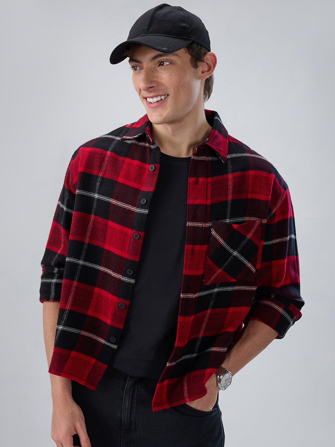 Premium Red & Black Flannel Checks Boxy Fit Crop Shirt