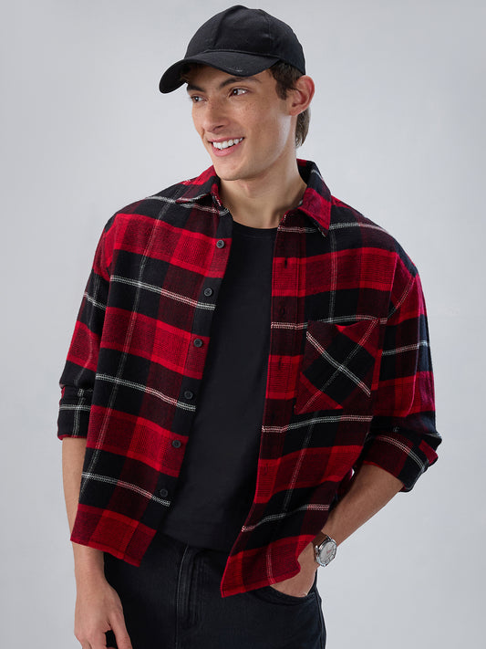 Premium Red & Black Flannel Checks Boxy Fit Crop Shirt