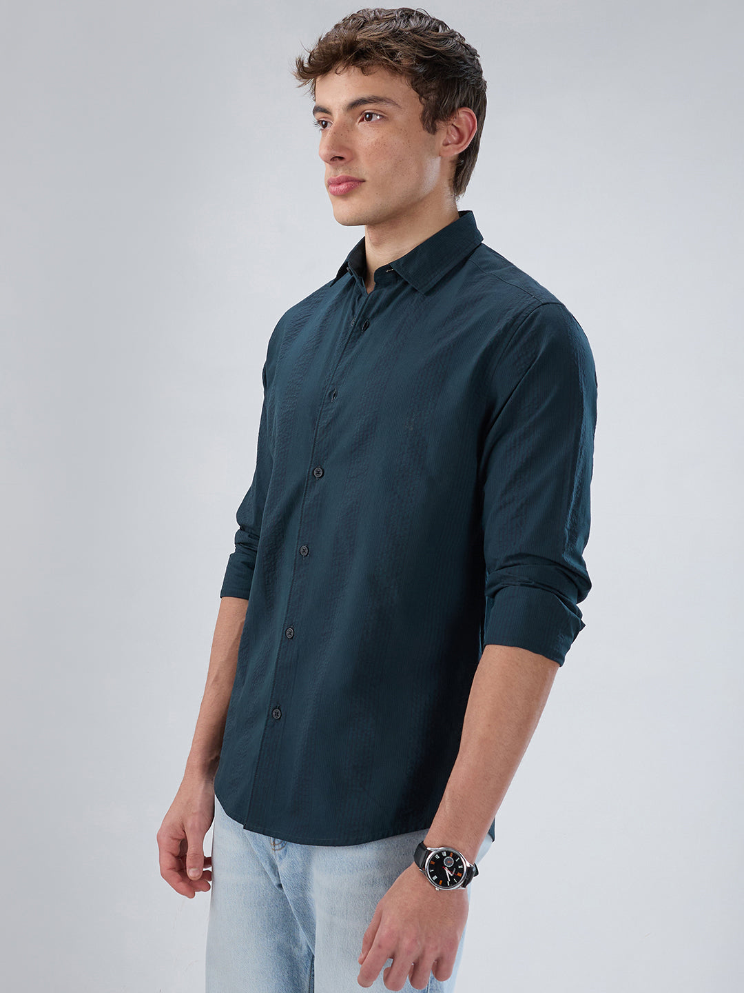 Emerald Green Striped Seersucker Shirt