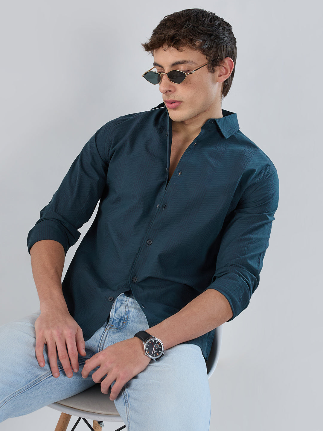 Emerald Green Striped Seersucker Shirt