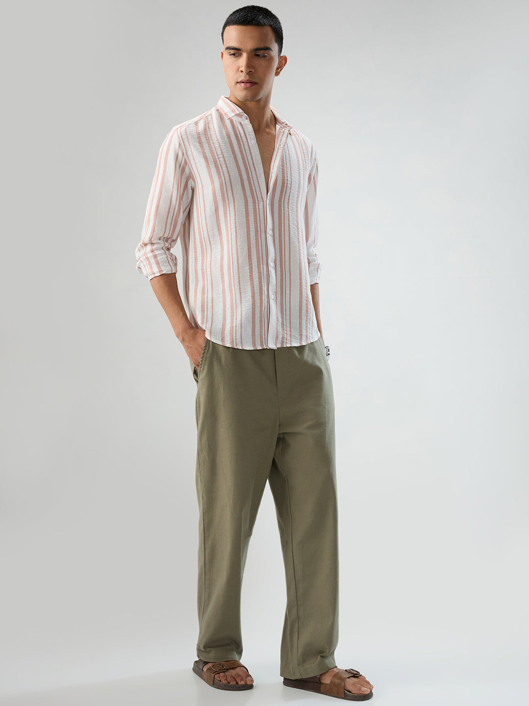 Dark Peach & White Vertical Striped Shirt