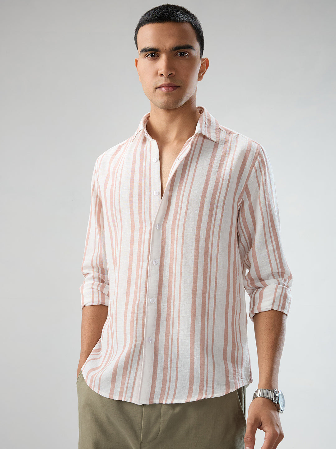 Dark Peach & White Vertical Striped Shirt